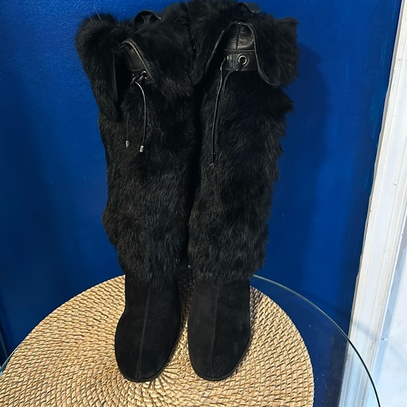 Women’s COLE HAAN Branwen Black Rabbit Fur Corduroy Suede Knee High Wedge Boots - Picture 1 of 8